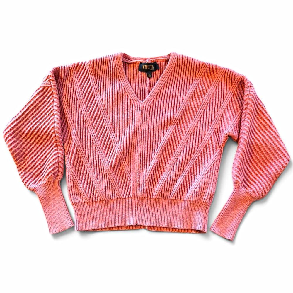Truth By Republic Women’s Large Pink Textured V Neck Sweater Balloon Sleeve